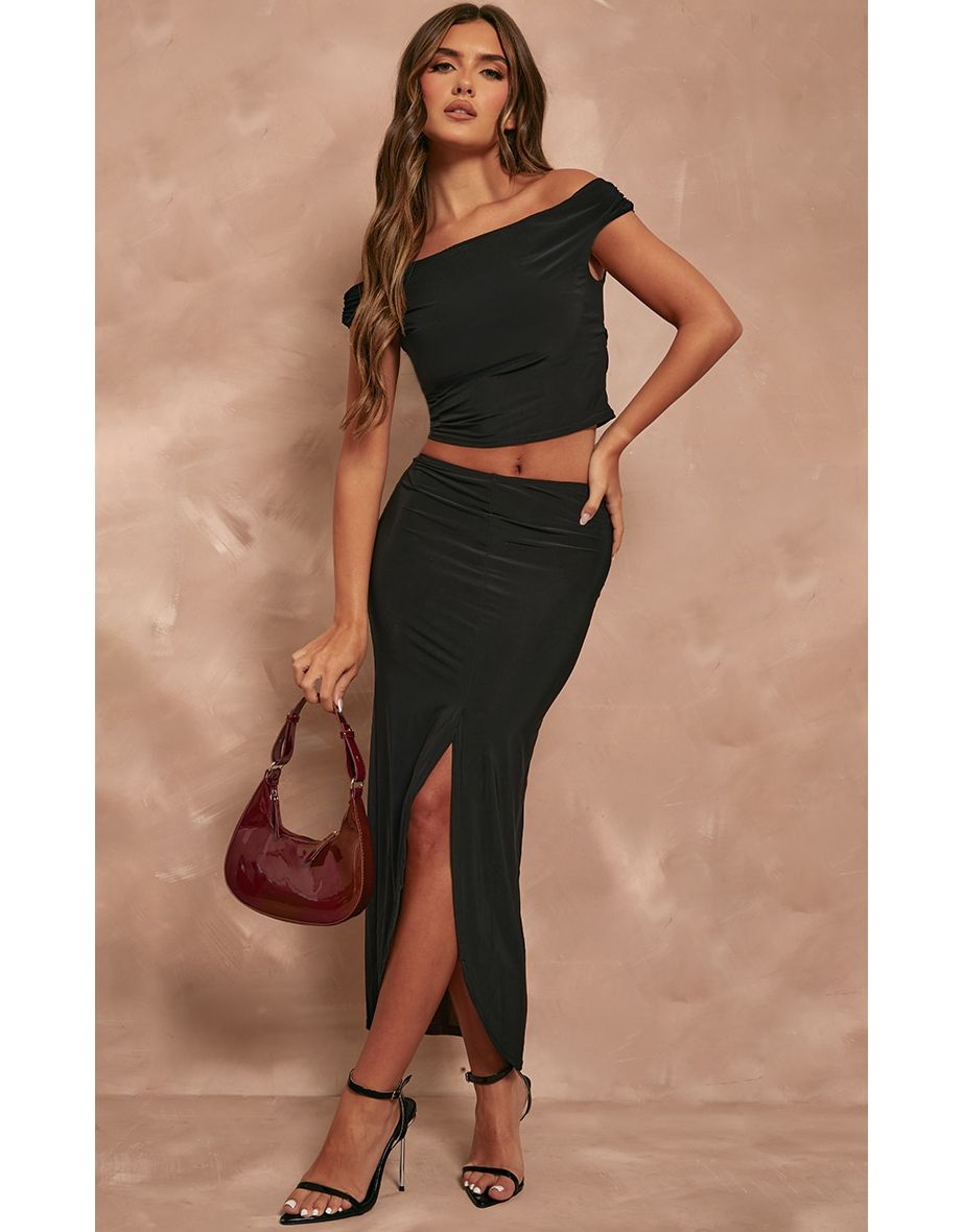 Black Slinky Slash Neck Off The Shoulder Top