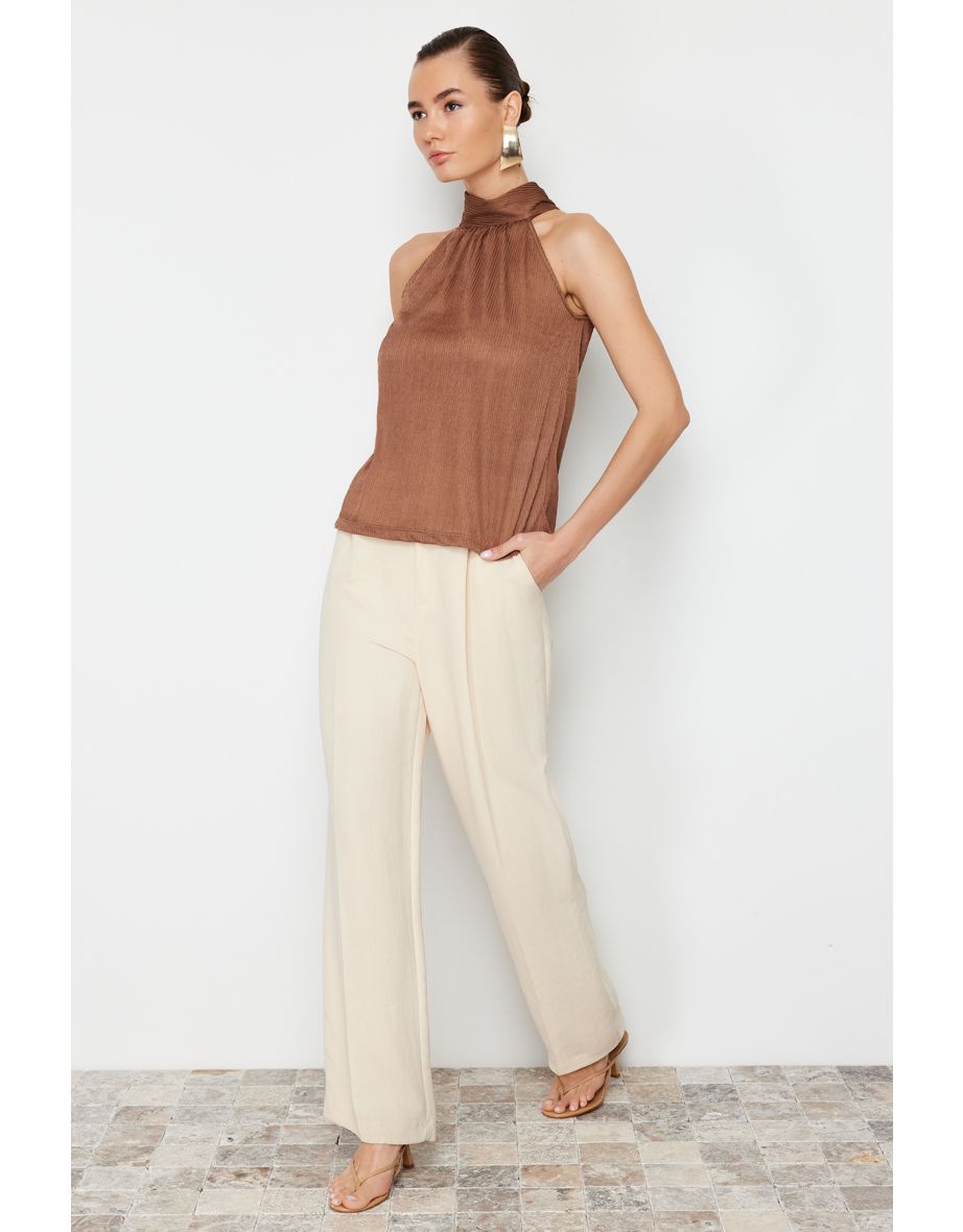 Brown High Collar Regular Fit Pleated Knitted Blouse