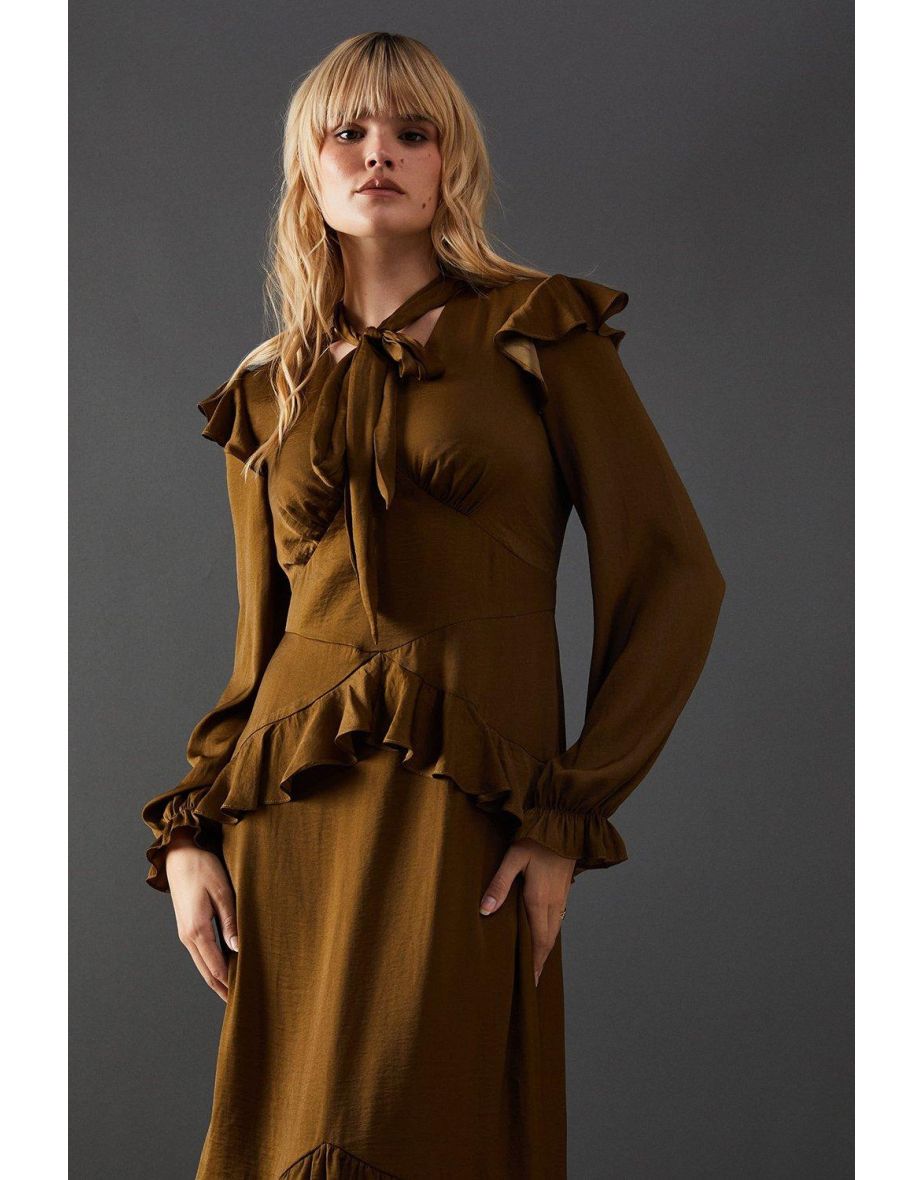 Satin Tie Neck Ruffle Midi Dress - 3