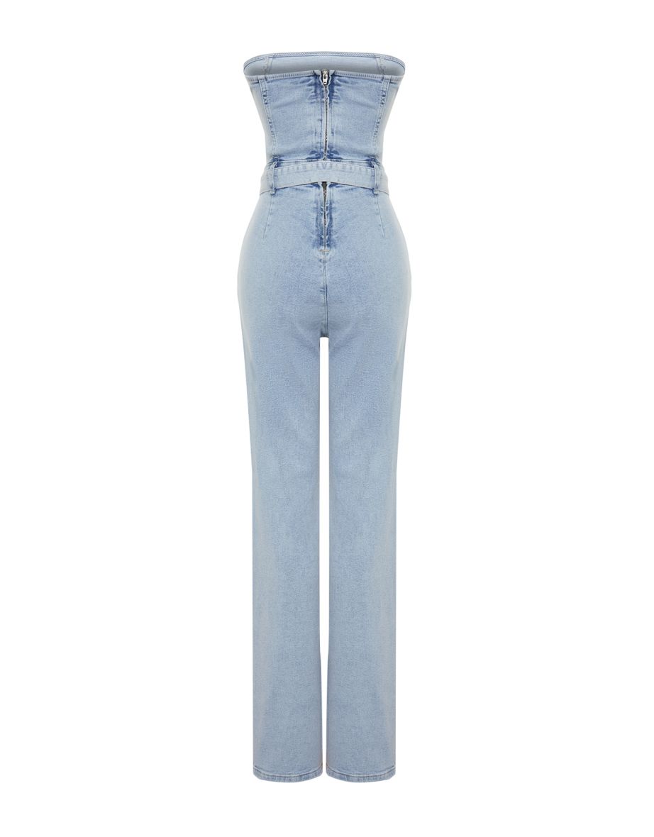 Light Blue Belt Strapless Denim Jumpsuit - 7