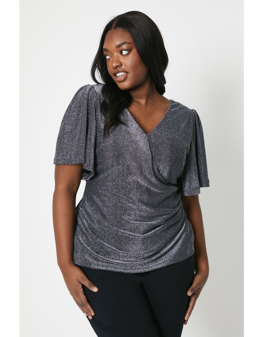 Curve Angel Sleeve Wrap Glitter Jersey Top