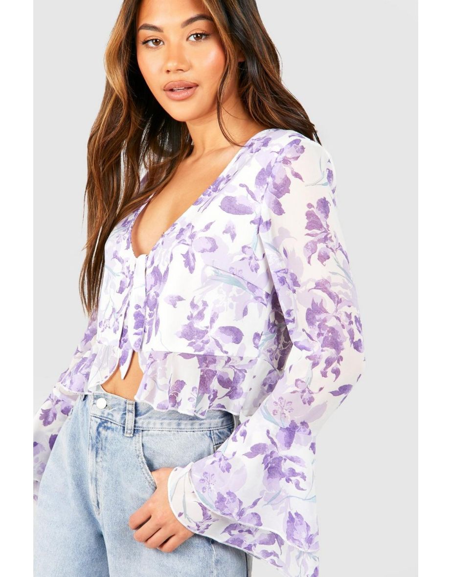 Floral Ruffle Blouse - purple - 3