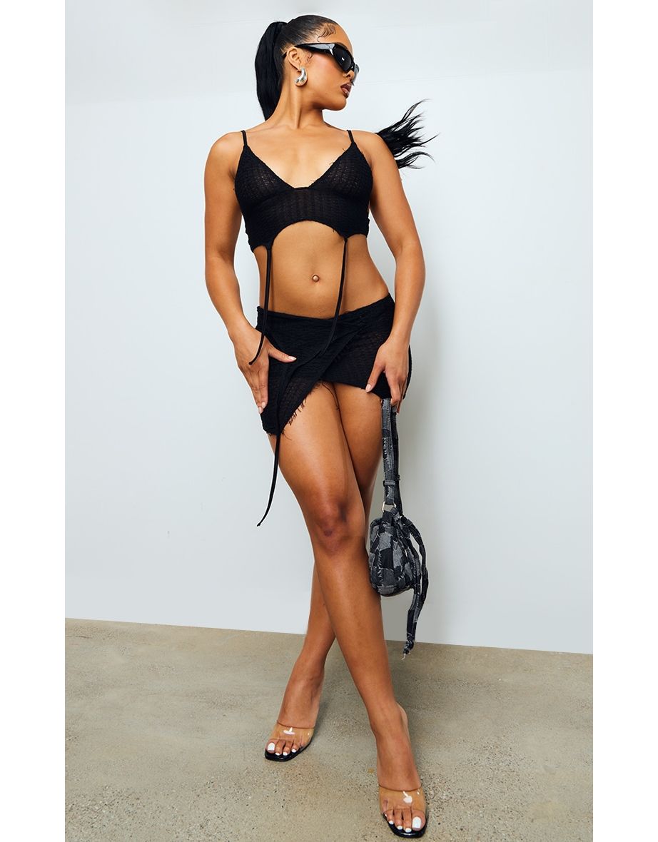 Black Textured Jersey Fold Over Tie Detail Micro Mini Skirt