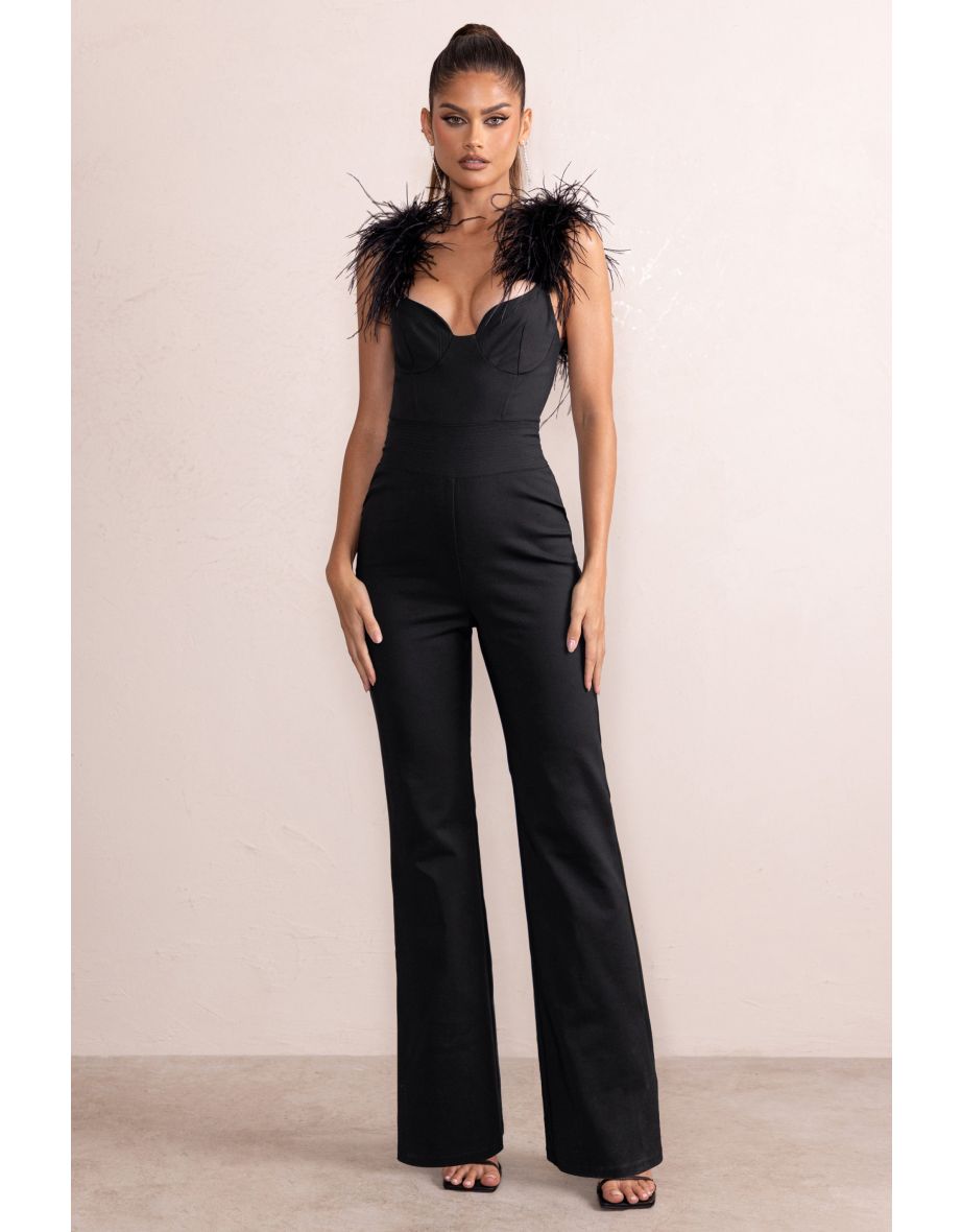 Verity | Black Feather Shoulder Corset Style Jumpsuit - 3