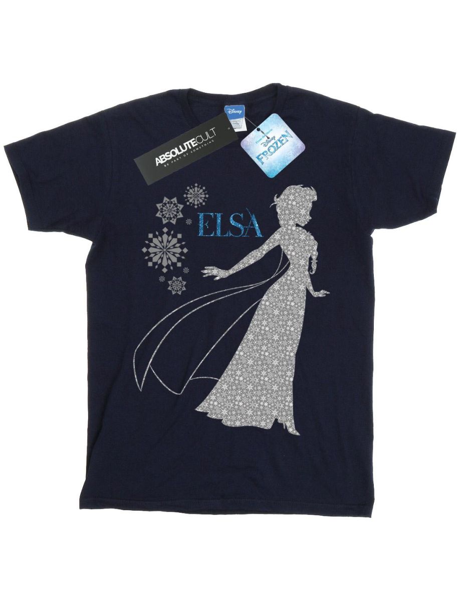 Disney Girls Frozen Elsa Christmas Silhouette Cotton T-Shirt - Navy Blue - 3