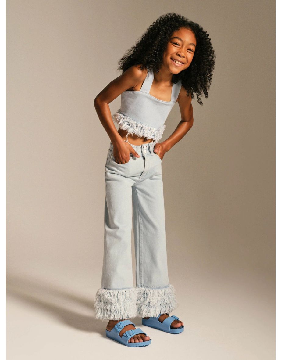 Girls Cora Denim Fur Crop Top in Blue