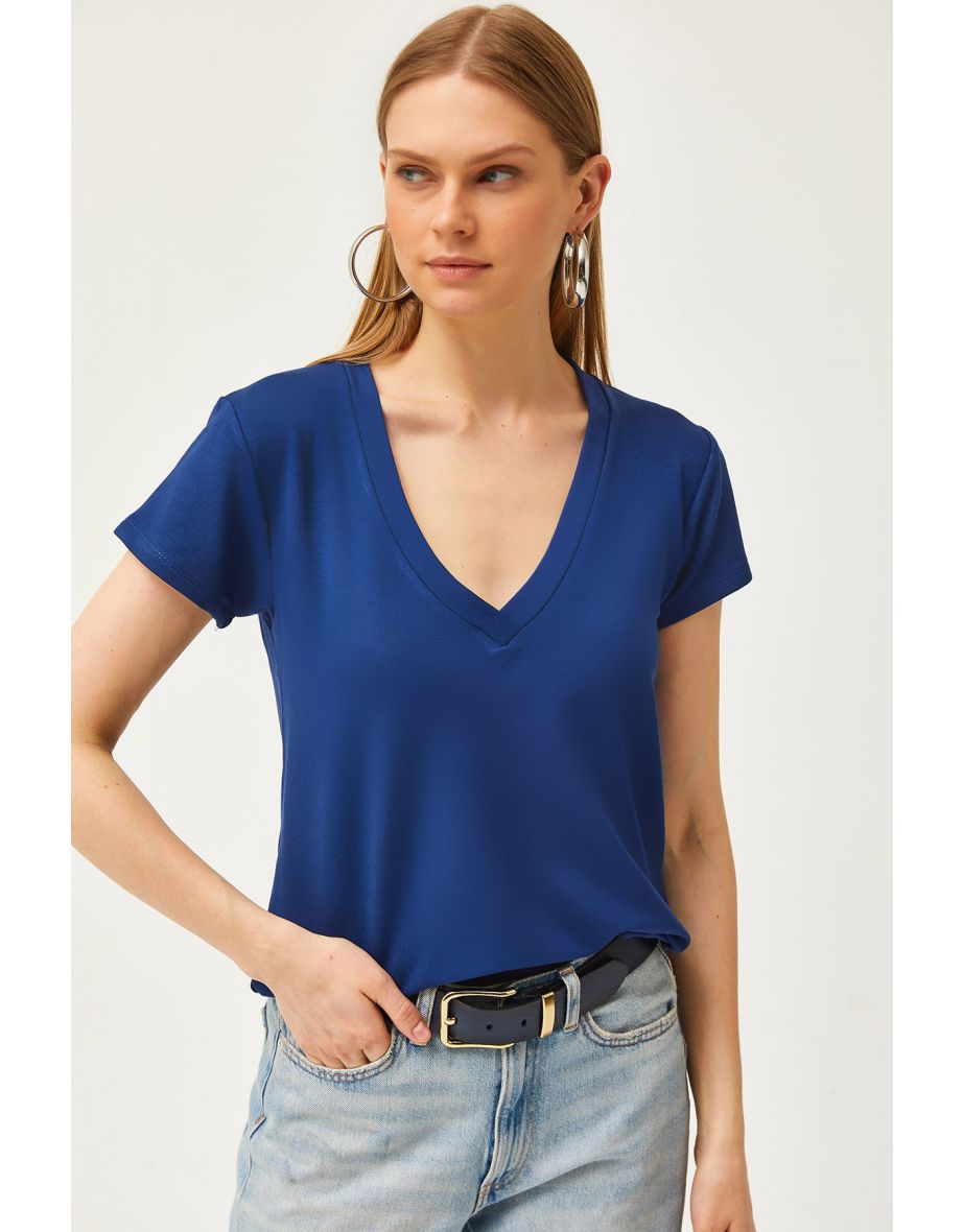 Women's Navy Blue Deep V-Neck Modal Button T-Shirt - 5