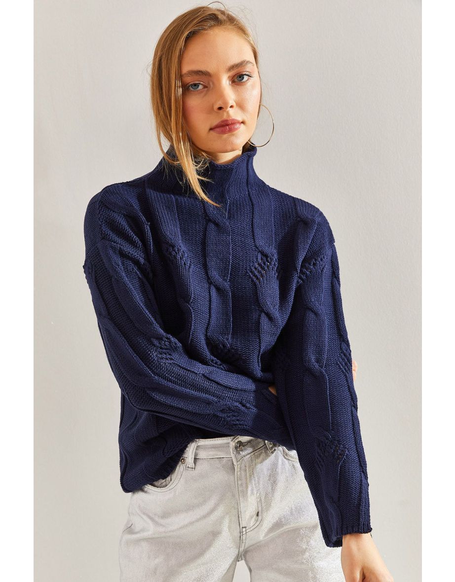 Women's Half Turtleneck Hair Knitted Patterned Knitwear Sweater