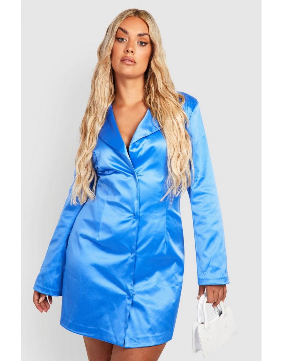 Plus Power Shoulder Satin Blazer Dress - blue