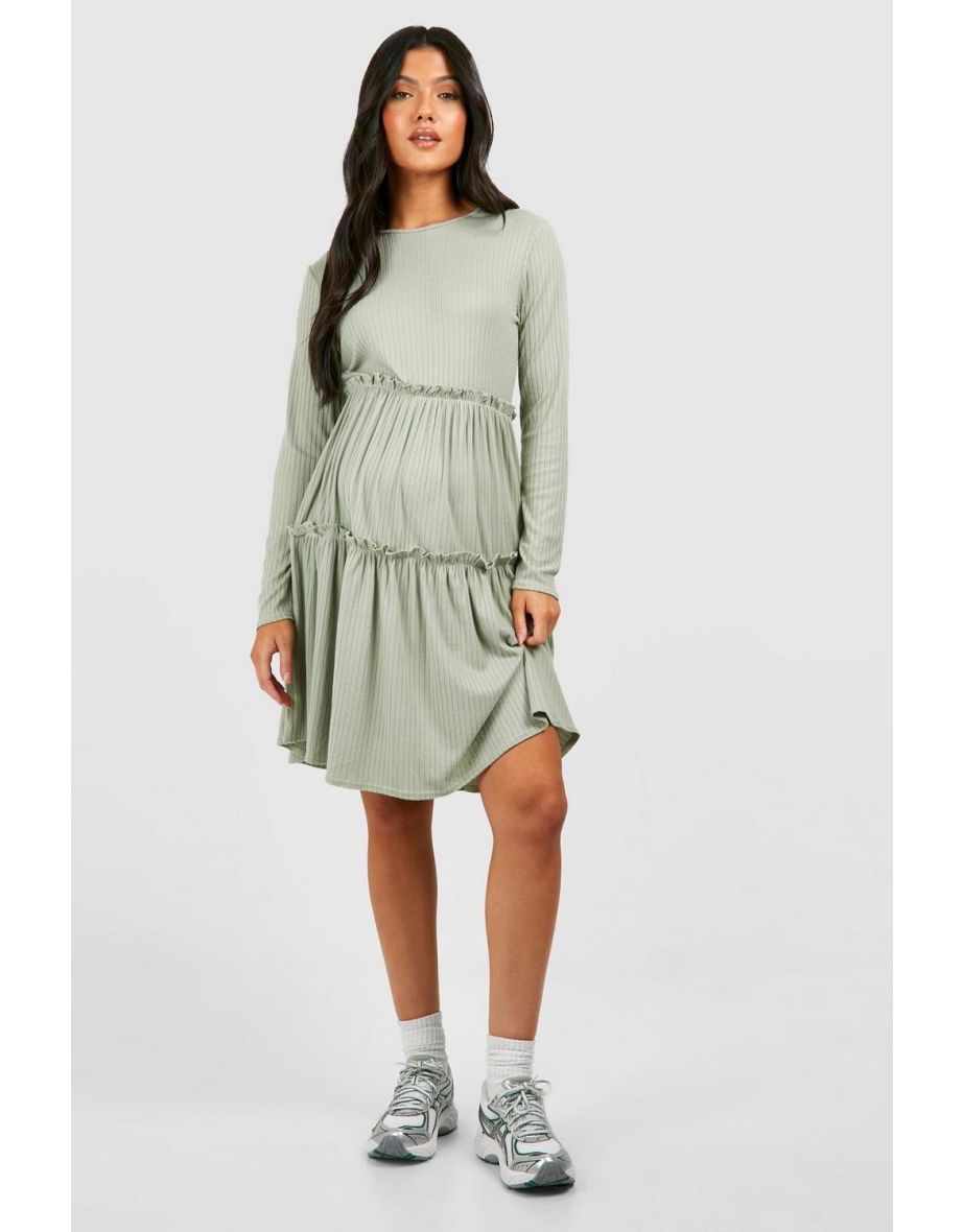 Maternity Frill Jumbo Rib Smock Dress - sage