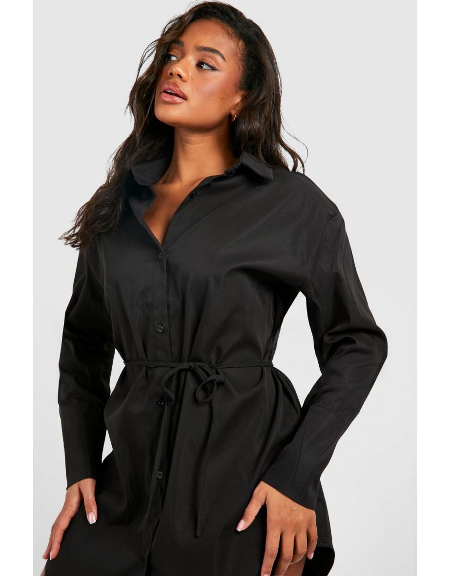 Cinched Waist Shoulder Pad Shirt Dress - black - 3