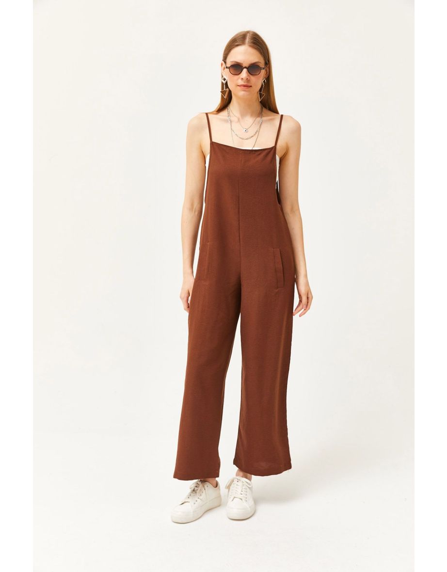 Women's Bitter Brown Pocket Strappy Loose Flowy Jumpsuit