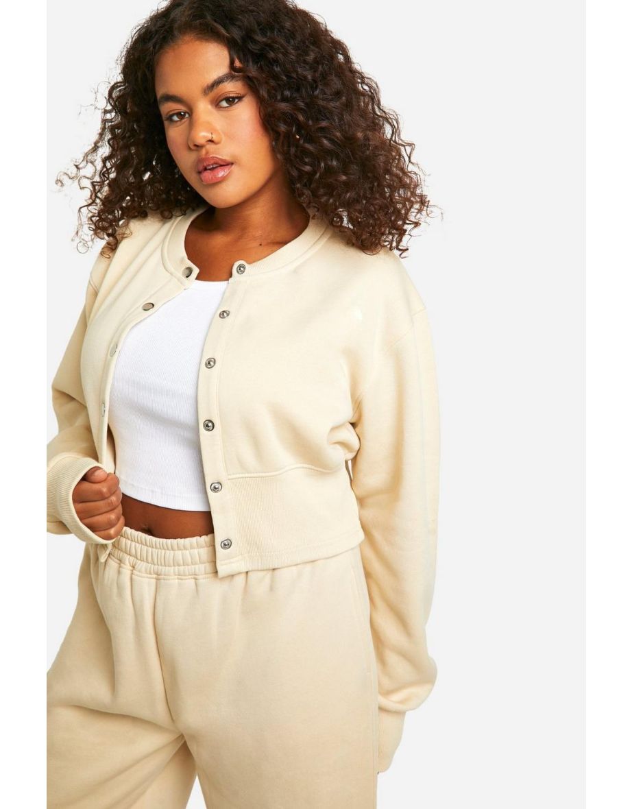 Plus Popper Detail Deep Hem Bomber Sweatshirt Tracksuit - ecru - 3