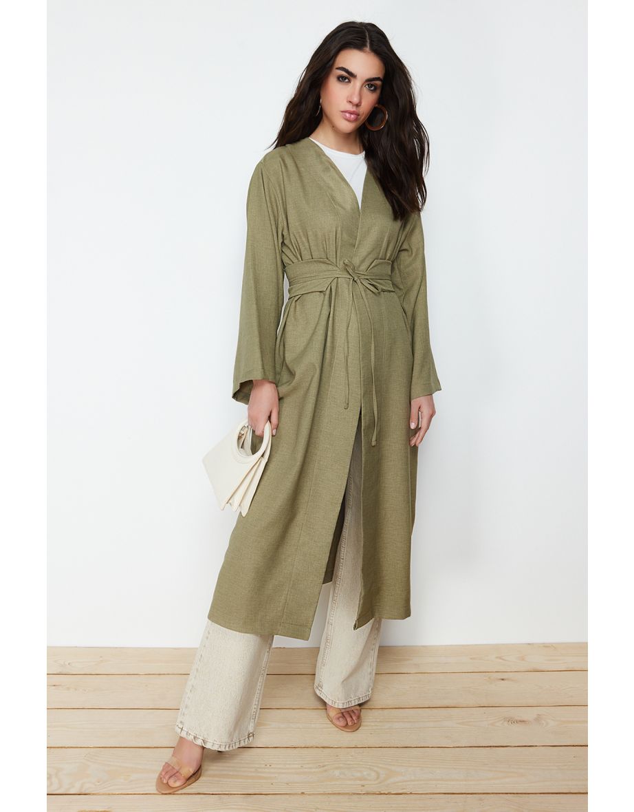Khaki Waist Tie Detail Linen Look Woven Kimono & Kaftan