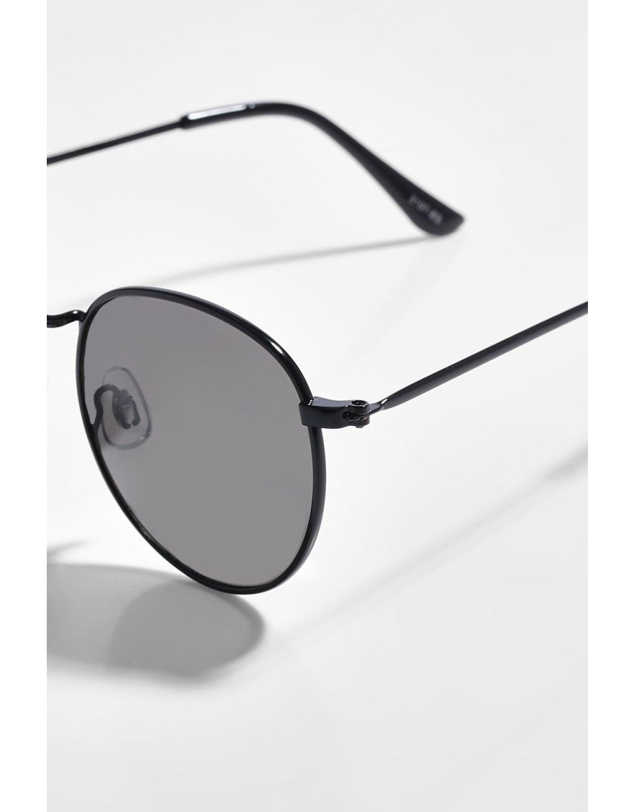 Black Flat Lens Round Sunglasses - black - 2