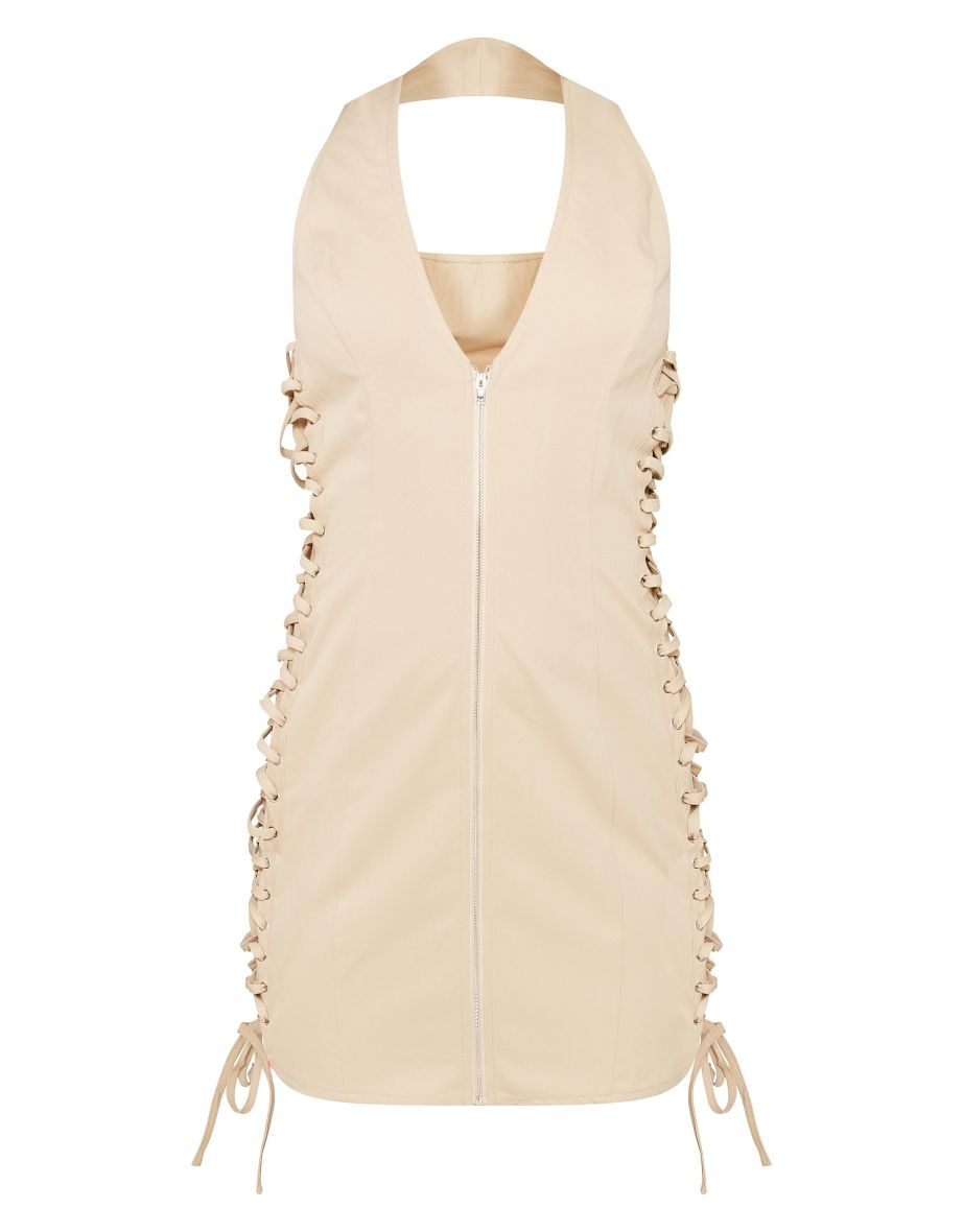 Stone Lace Up Side Zip Front Bodycon Dress - 4