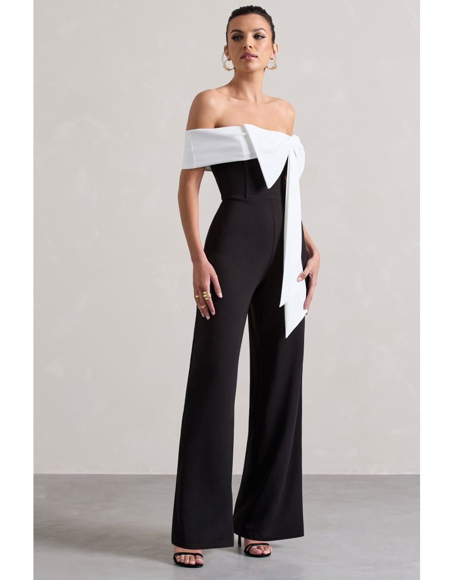Bower | Black Bardot Straight-Leg Jumpsuit With Bow - 4