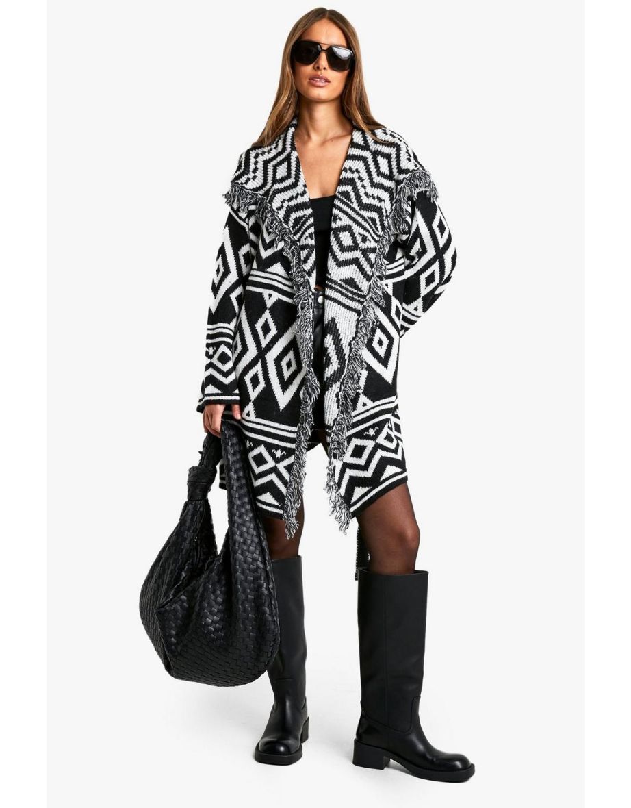 Knitted Aztec Longline Belted Cardigan