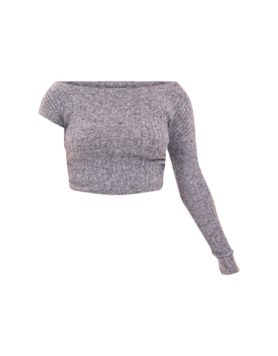 Charcoal Ribbed Knit One Sleeve Ruched Side Top - 4