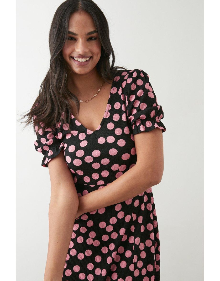 Pink Spot Short Sleeve V Neck Midi Dress - 3