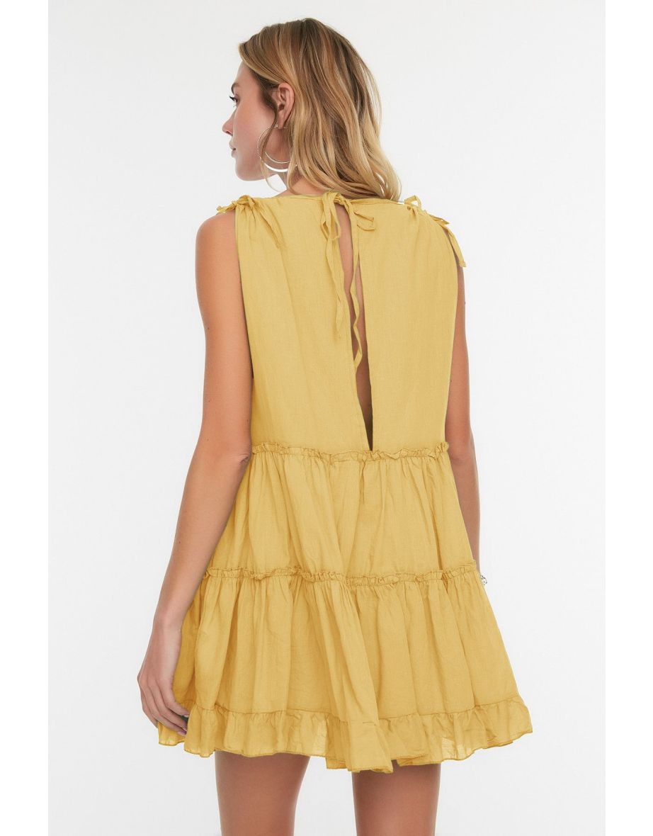 Yellow Wide Pattern Weaving 100% Cotton Ruffle Mini Beach Dress - 4