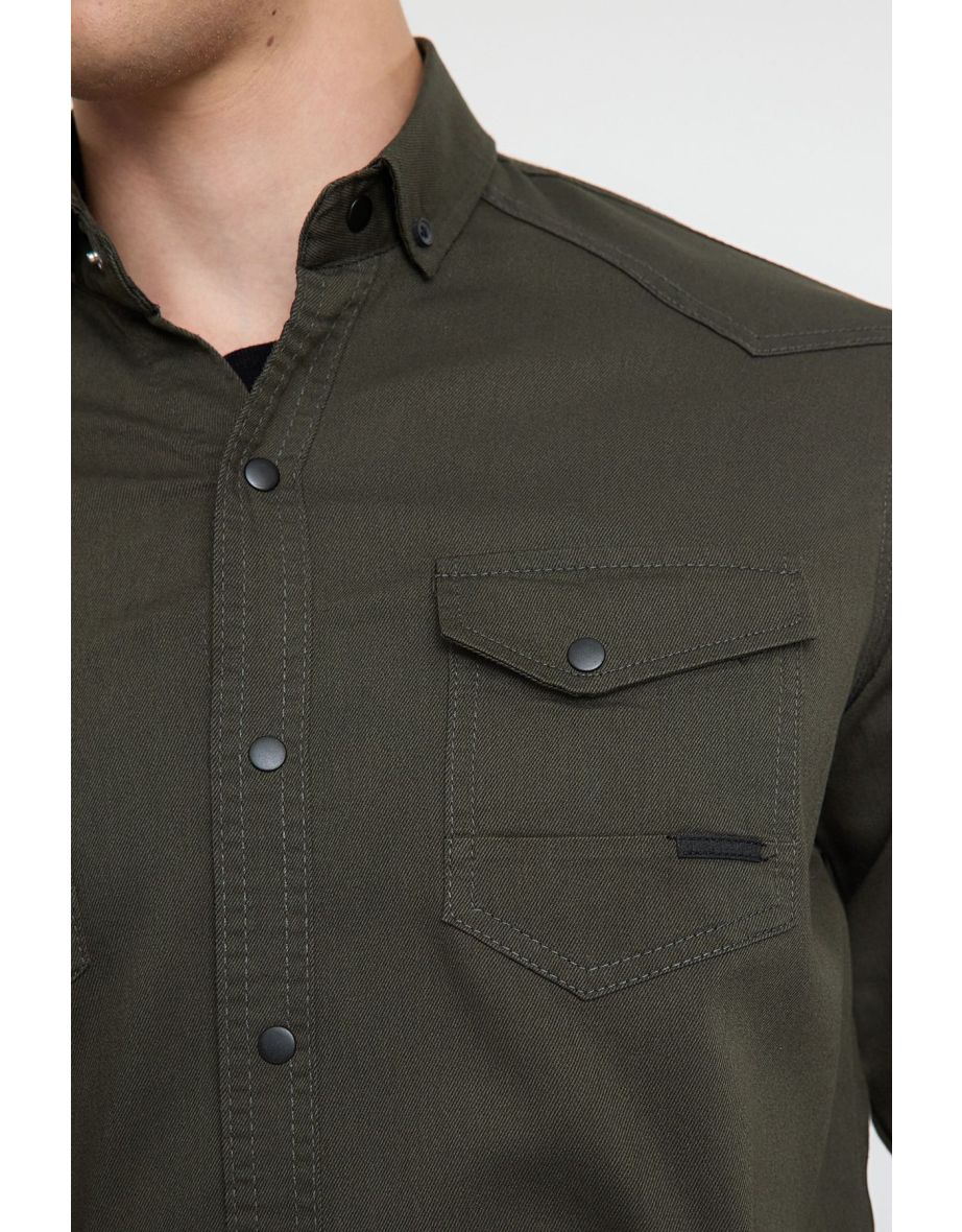 Men's Dark Khaki Regular Double Pocket Denim Jeans Shirt - 4