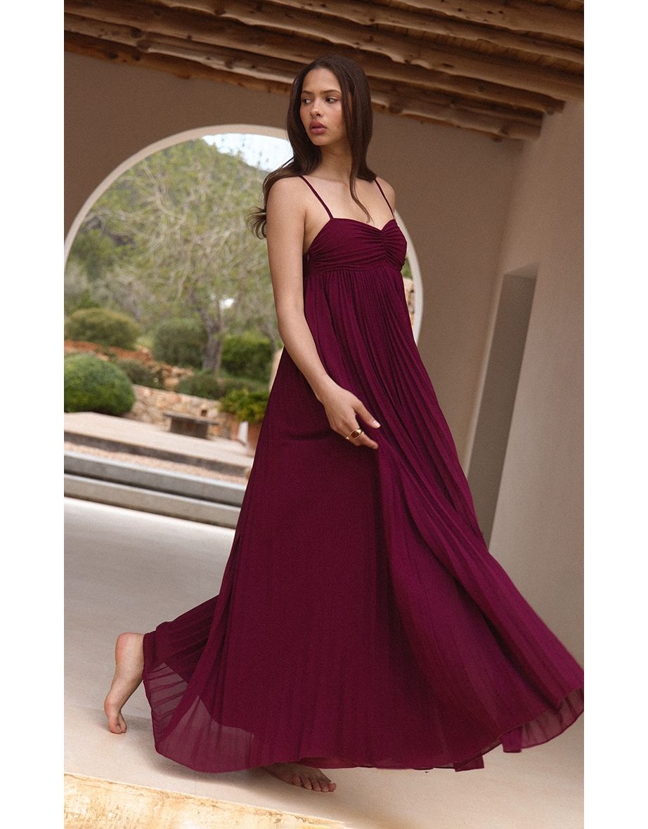 Wine Plisse Maxi Dress