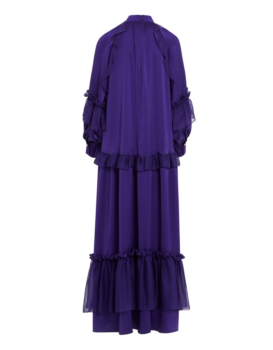 Ruffle Detail Detachable Belt Long Purple Dress - 5