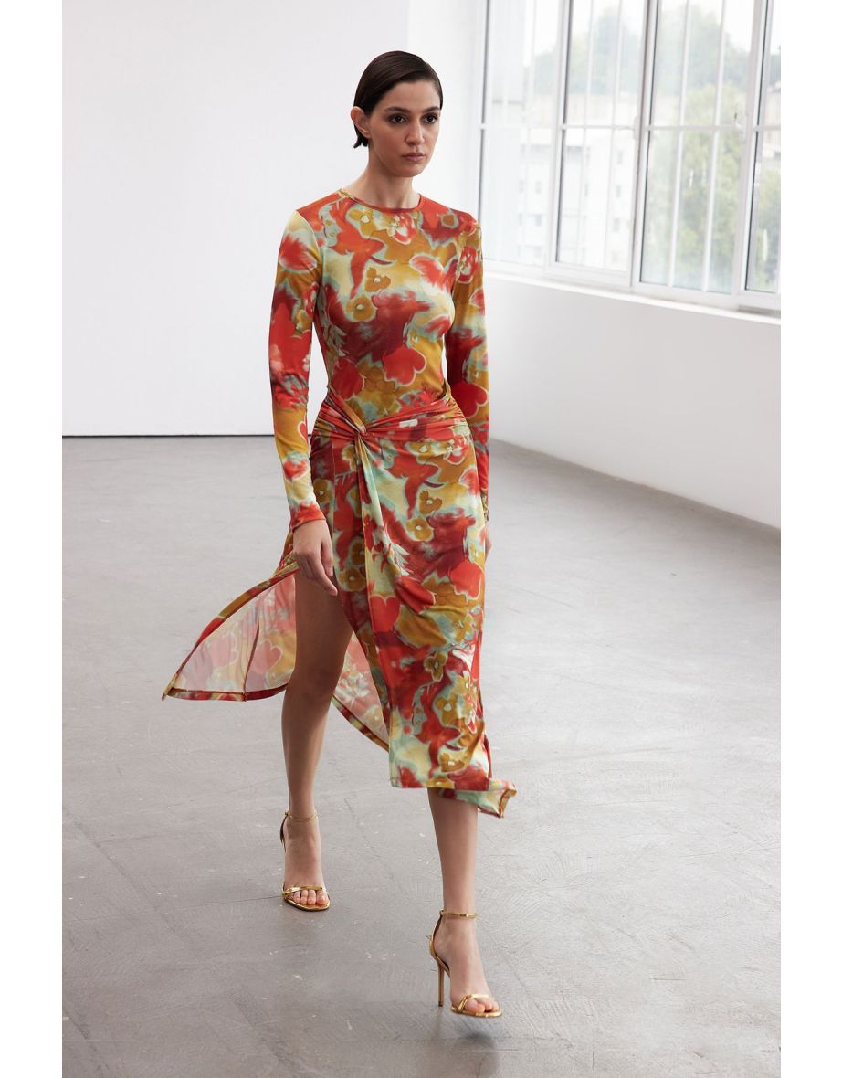 Limited Edition Printed, Fitted, Stretchy Midi Knitted Dress with Tie Detail