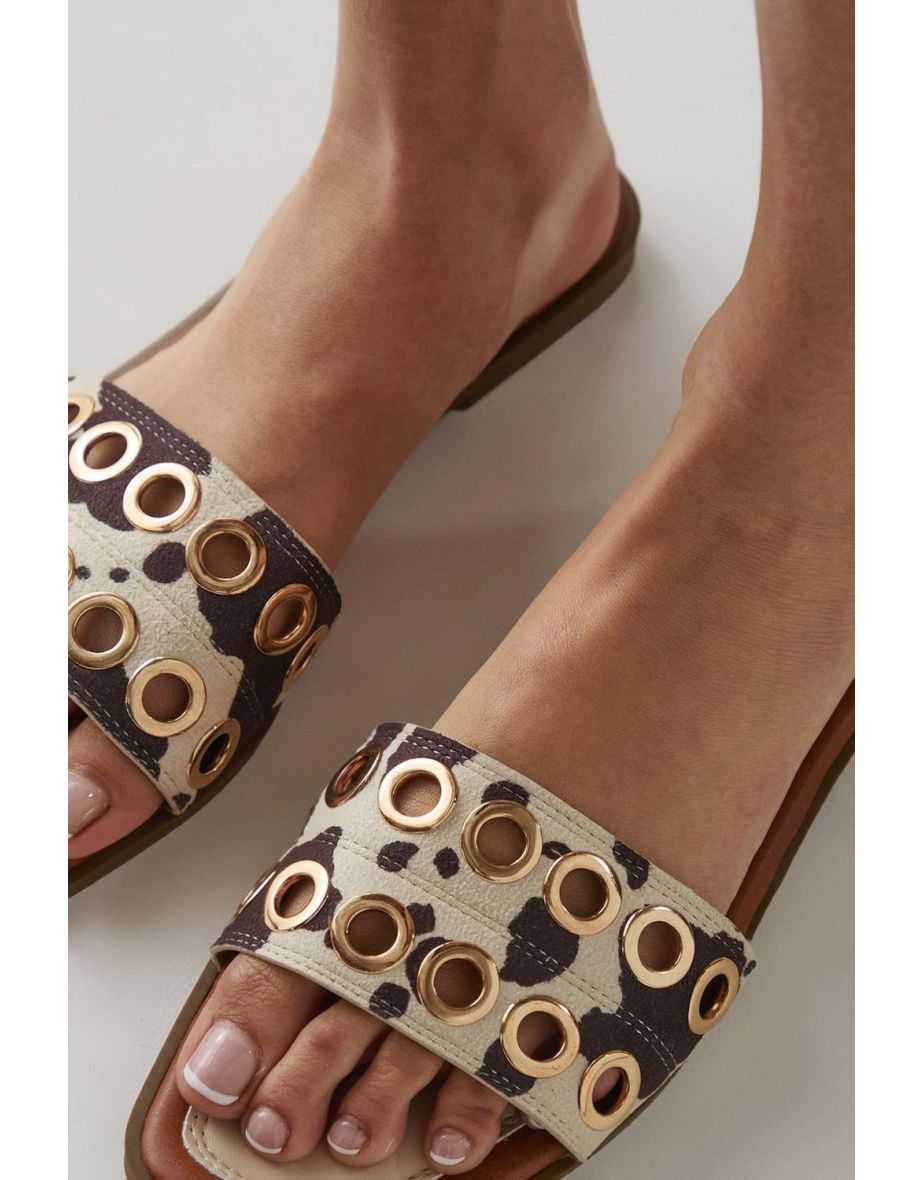 Faith: Richie Faux Cow Print Suede Eyelet Detail Sliders - 3