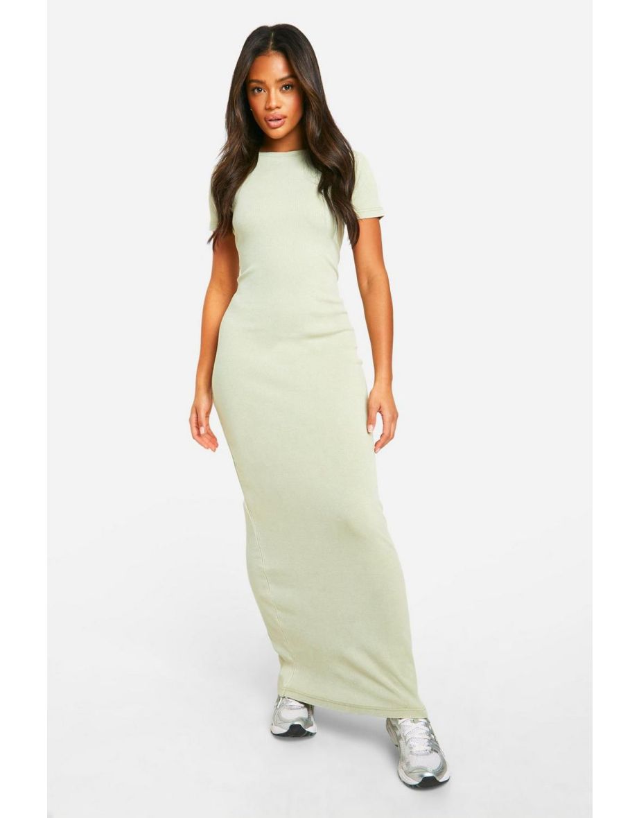 Crew Neck Acid Wash Short Sleeve Maxi Dress - olive