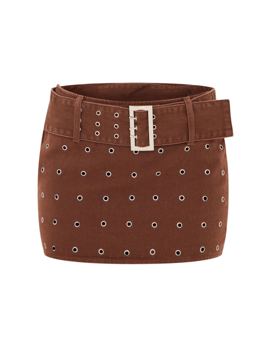 Washed Brown Eyelet Detail Mini Skirt - 4