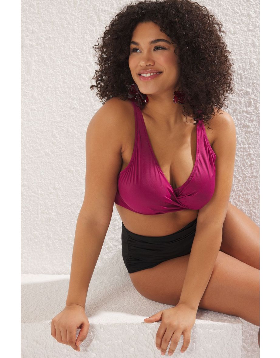 Purple Deep V Pleated Plus Size Bikini Top