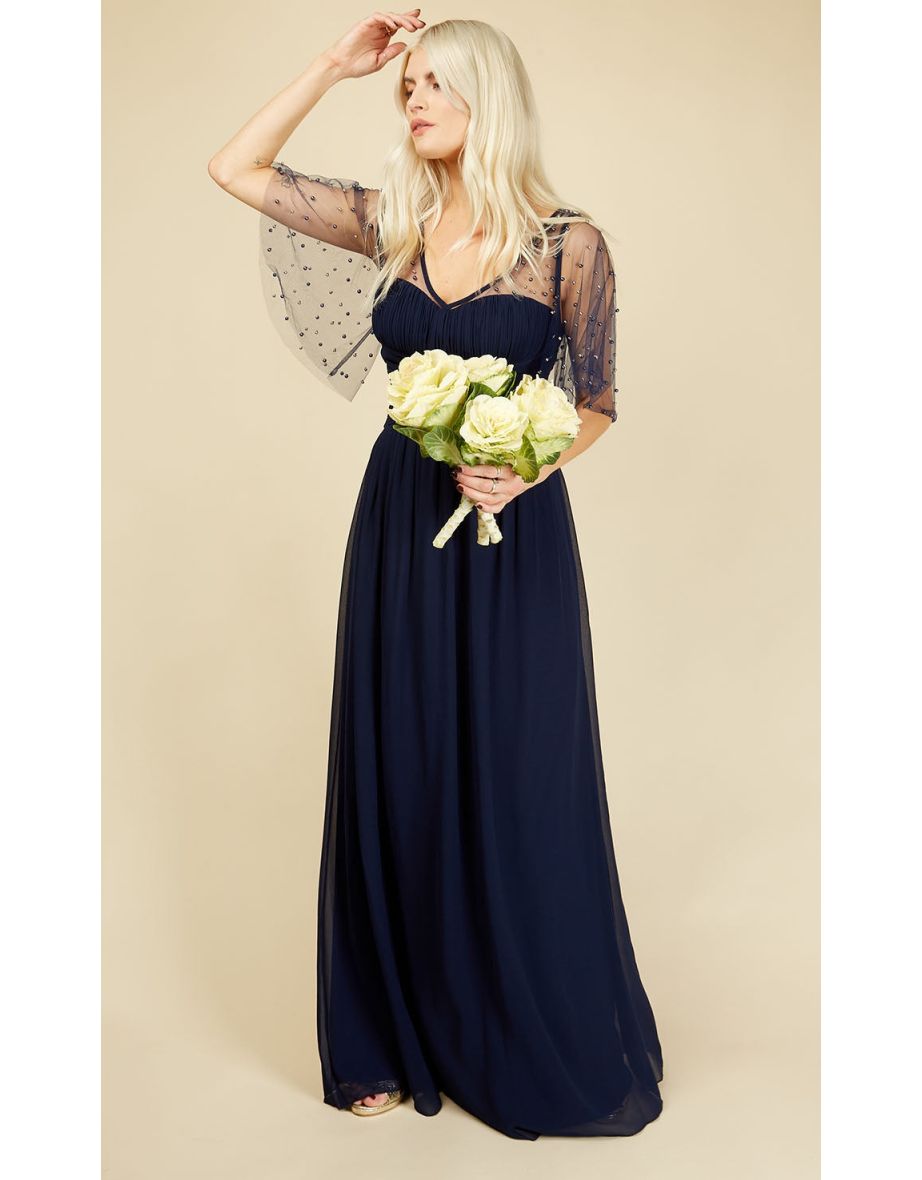 Melissa Bridesmaid Navy Angel Sleeve Maxi Dress