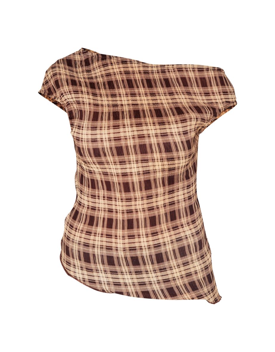 Brown Chiffon Plisse Check Asymmetric Long Top - 4