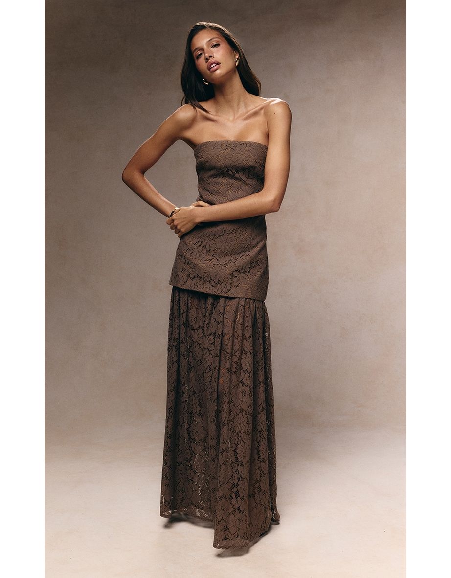 Taupe Lace Sheer Skirt Panel Bandeau Maxi Dress