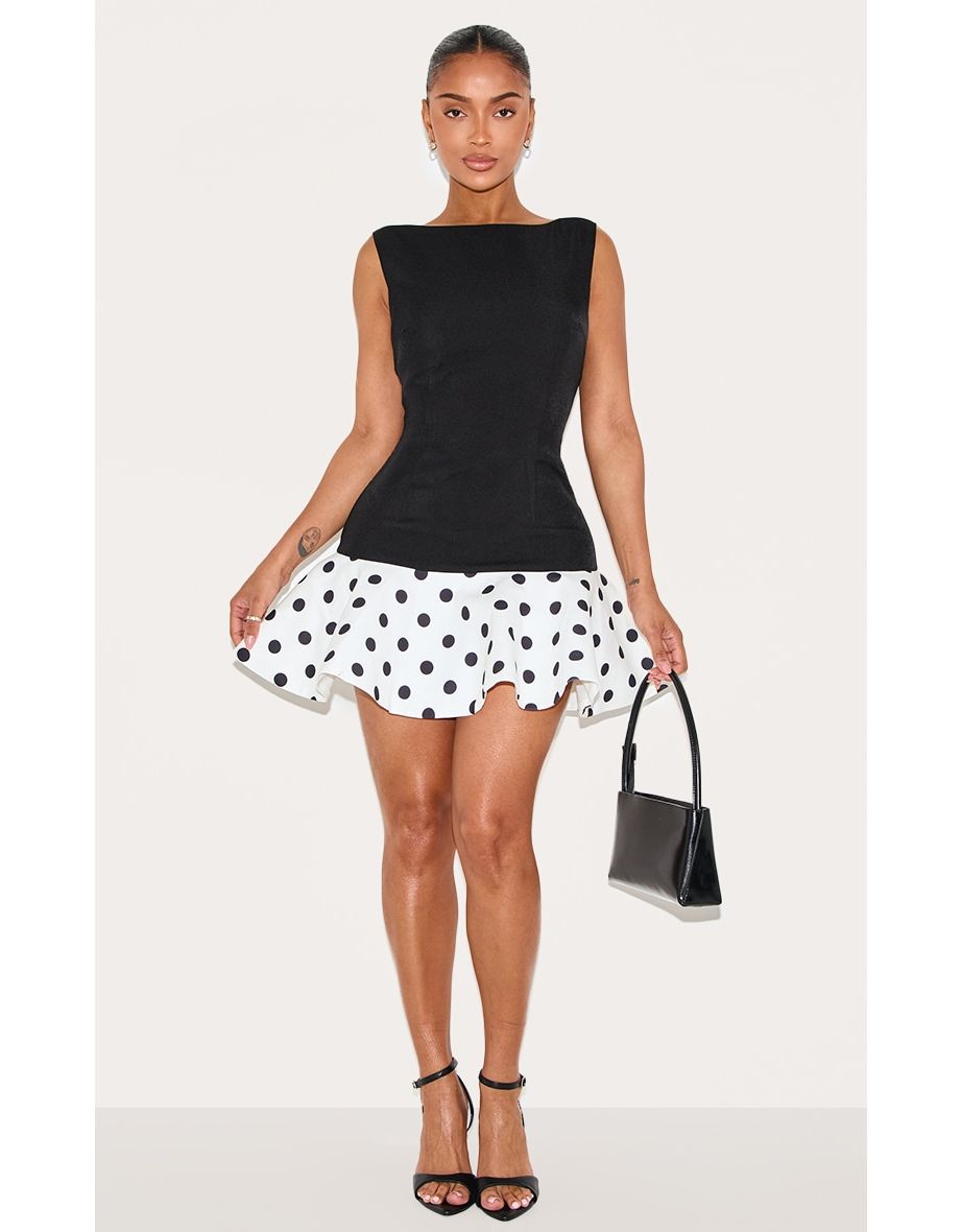 Shape Black Polkadot Boat Neck Wave Hem Mini Dress