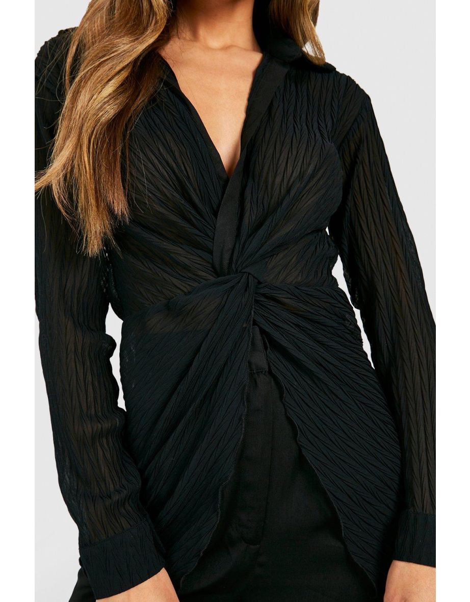 Sheer Chiffon Plisse Twist Detail Longline Shirt - black - 3