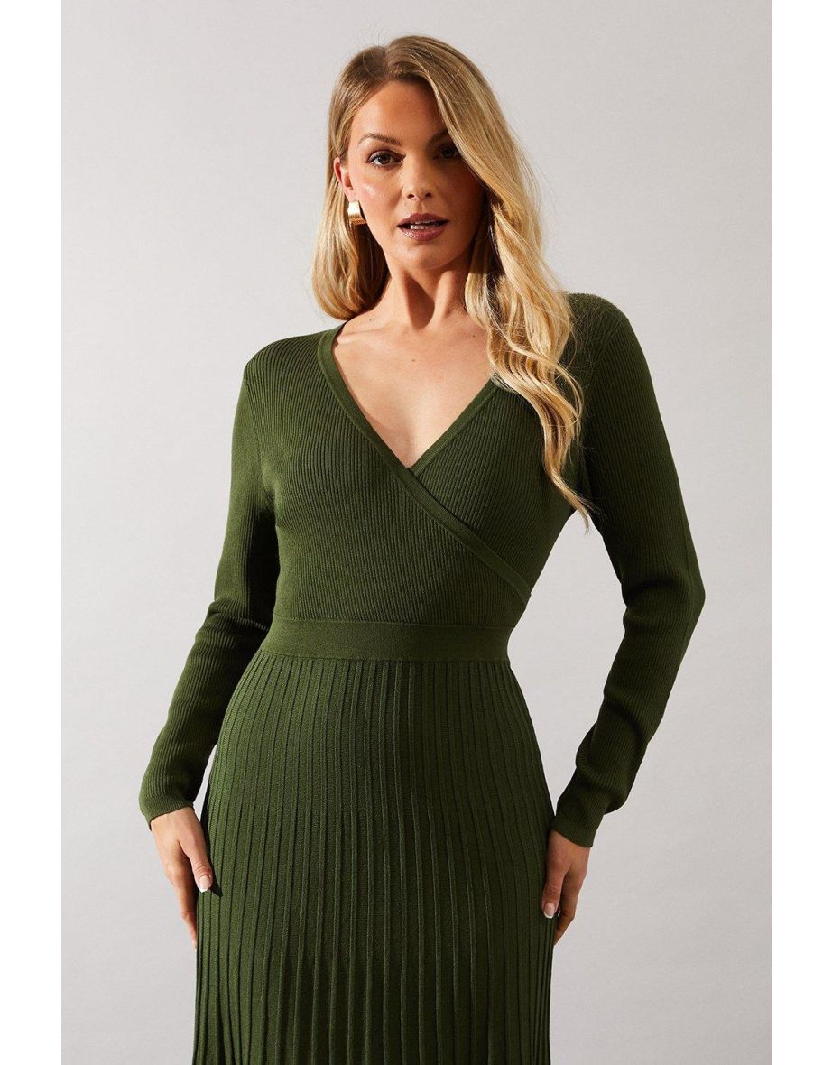 Pleated Skirt Wrap Detail Knitted Maxi Dress - 3