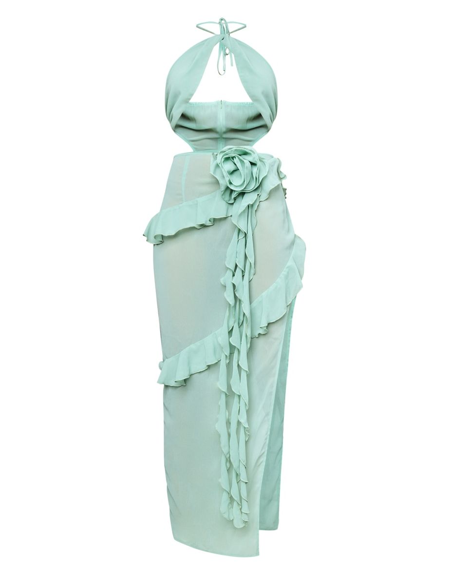 Sage Green Chiffon Cut Out Rose Applique Drape Maxi Dress - 4