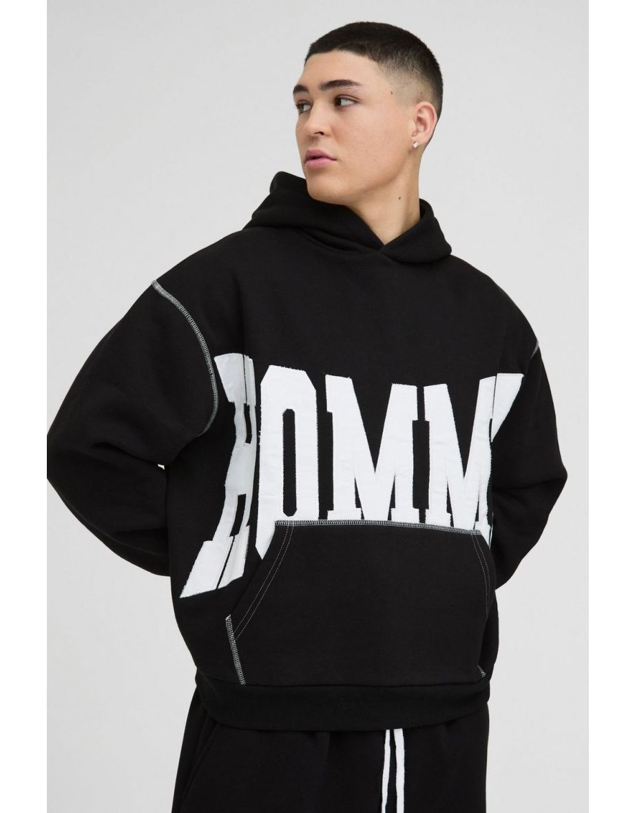 Oversized Boxy Twill Applique Contrast Stitch Hoodie