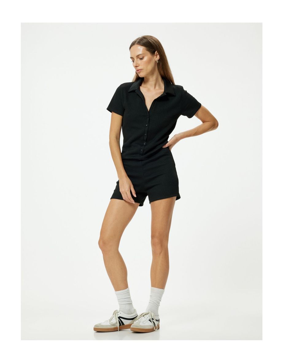Mini Shorts unitard Polo Neck Short Sleeve Half Button Ribbed
