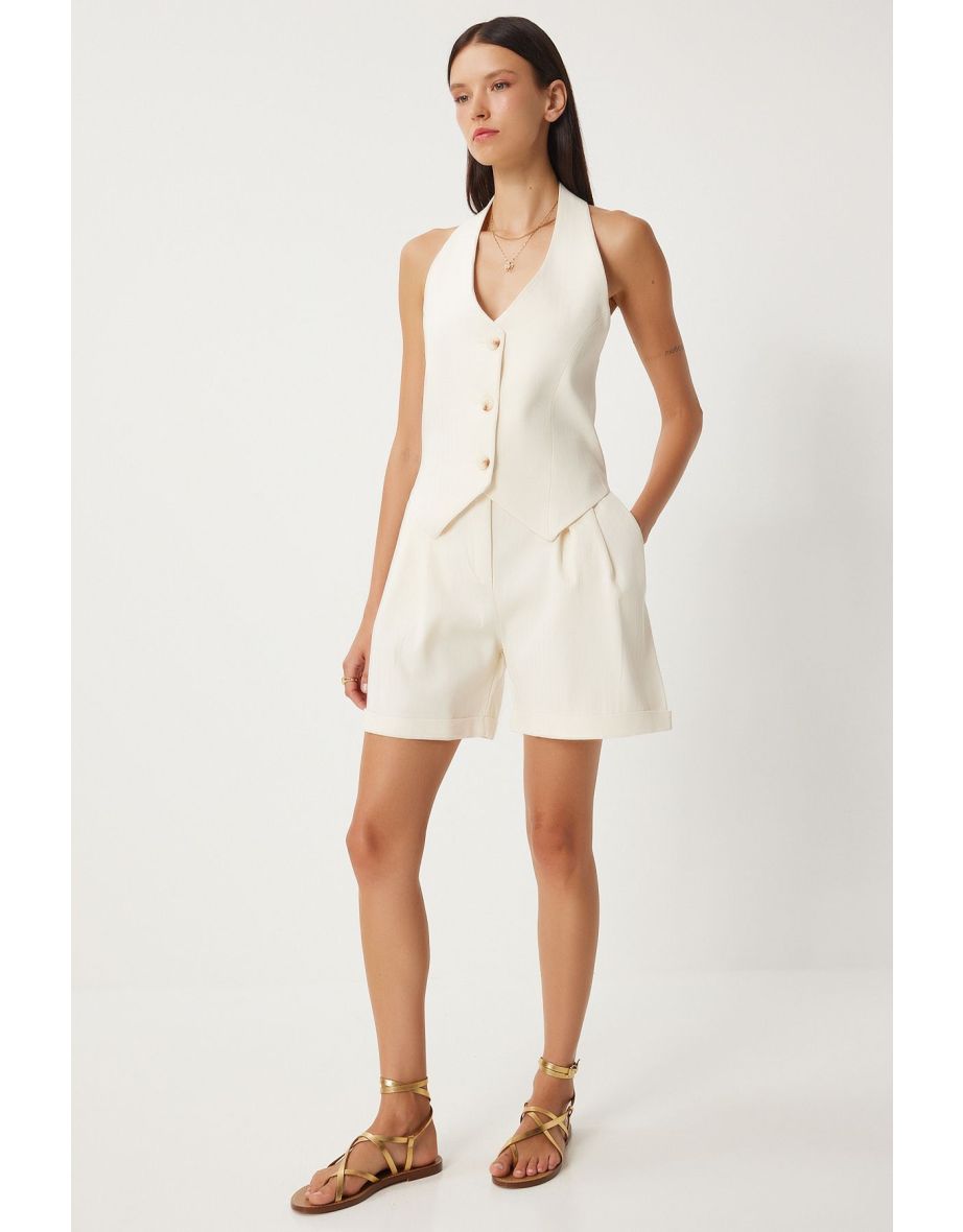 Women's Cream Linen Vest Shorts Set