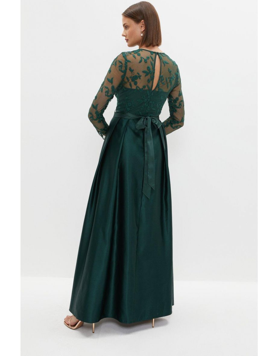 Embroidered Bodice Satin Skirt Maxi Dress - 2