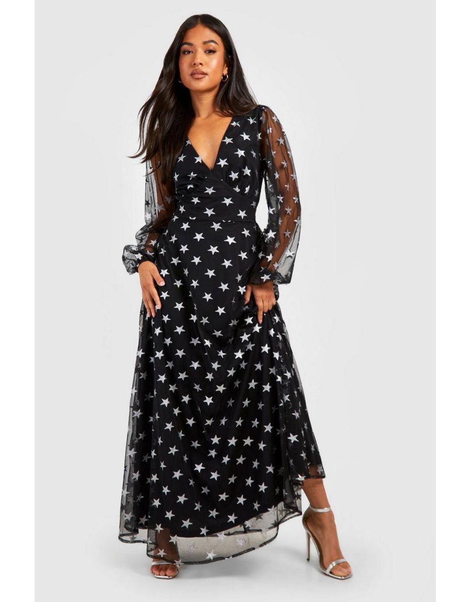 Shop Petite Metallic Star Volume Sleeve Maxi Dress black Online in Oman VogaCloset