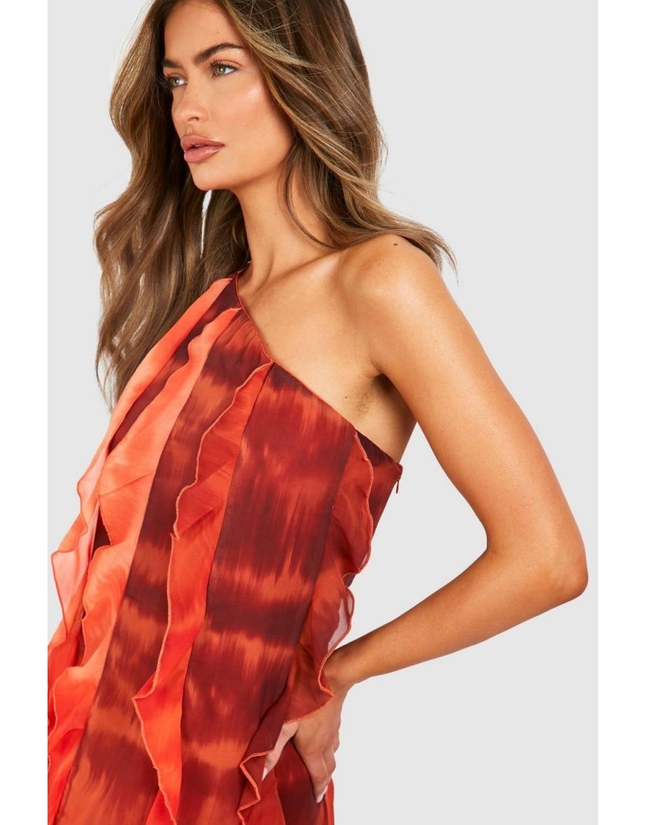 Ombre Print Ruffle Asymmetric Maxi Dress - orange - 3