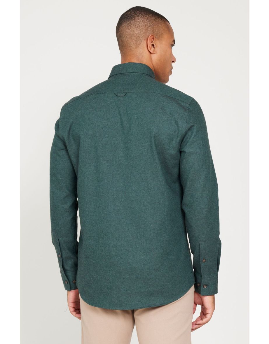 Men's Dark Green Cotton Flannel Oxford Slim Fit Slim Fit Hidden Button-Down Collar Shirt - 4