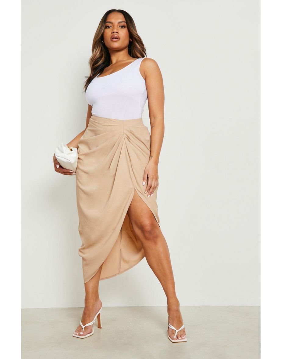 Plus Woven Ruched Front And Back Midi Skirt - light stone