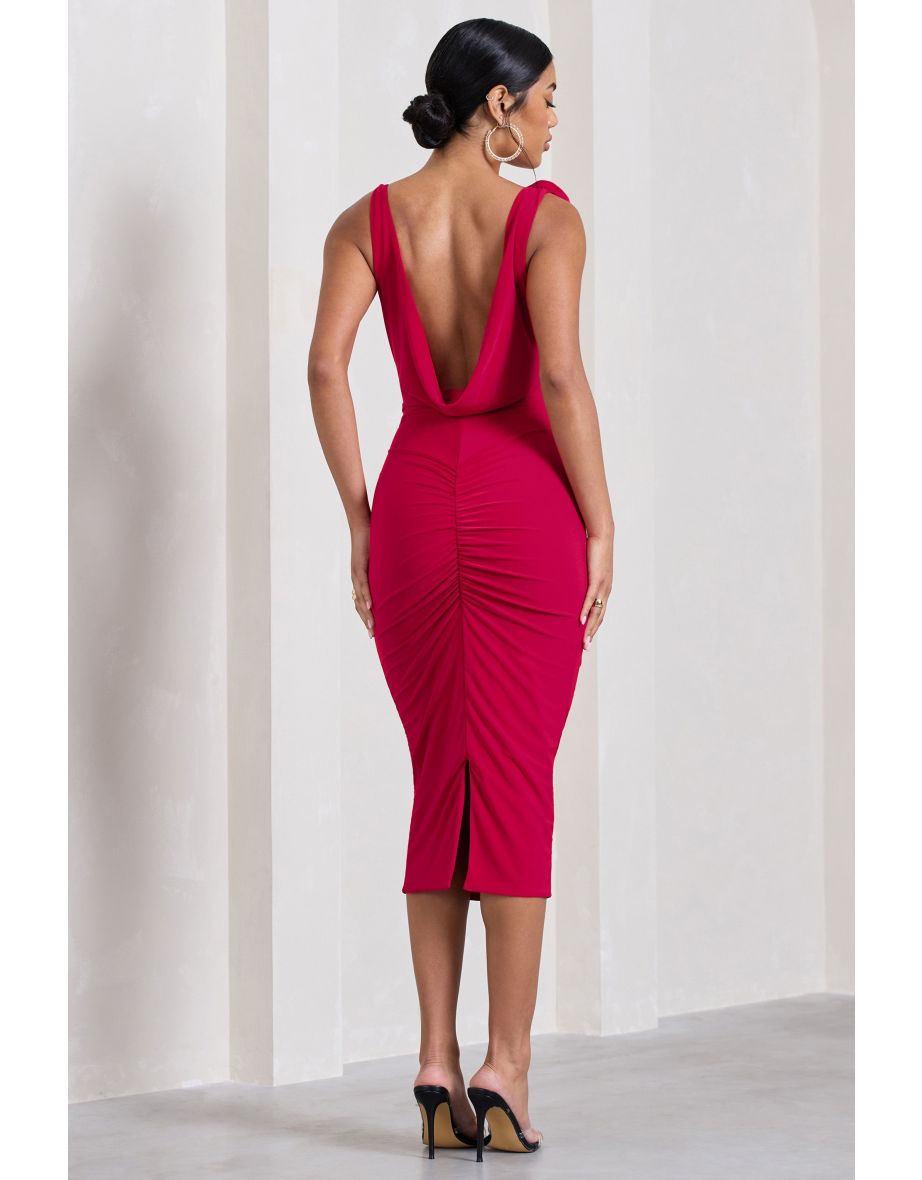 Rosy | Red Cowl-Neck Midi Dress With Floral Corsages - 5