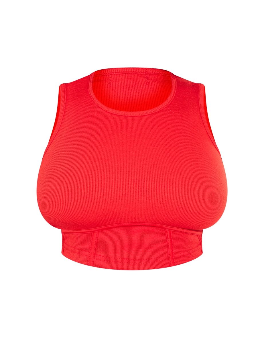 Shape Bright Red Thick Ribbed Under Bust Binded Crop Top - 4